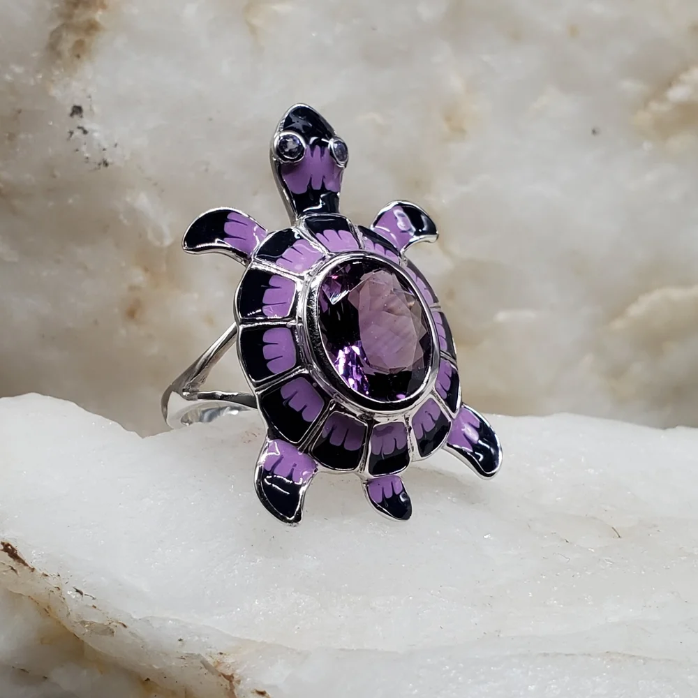 Solid Sterling Silver 925 Large Genuine Amethyst Gemstone Turtle Jewelry